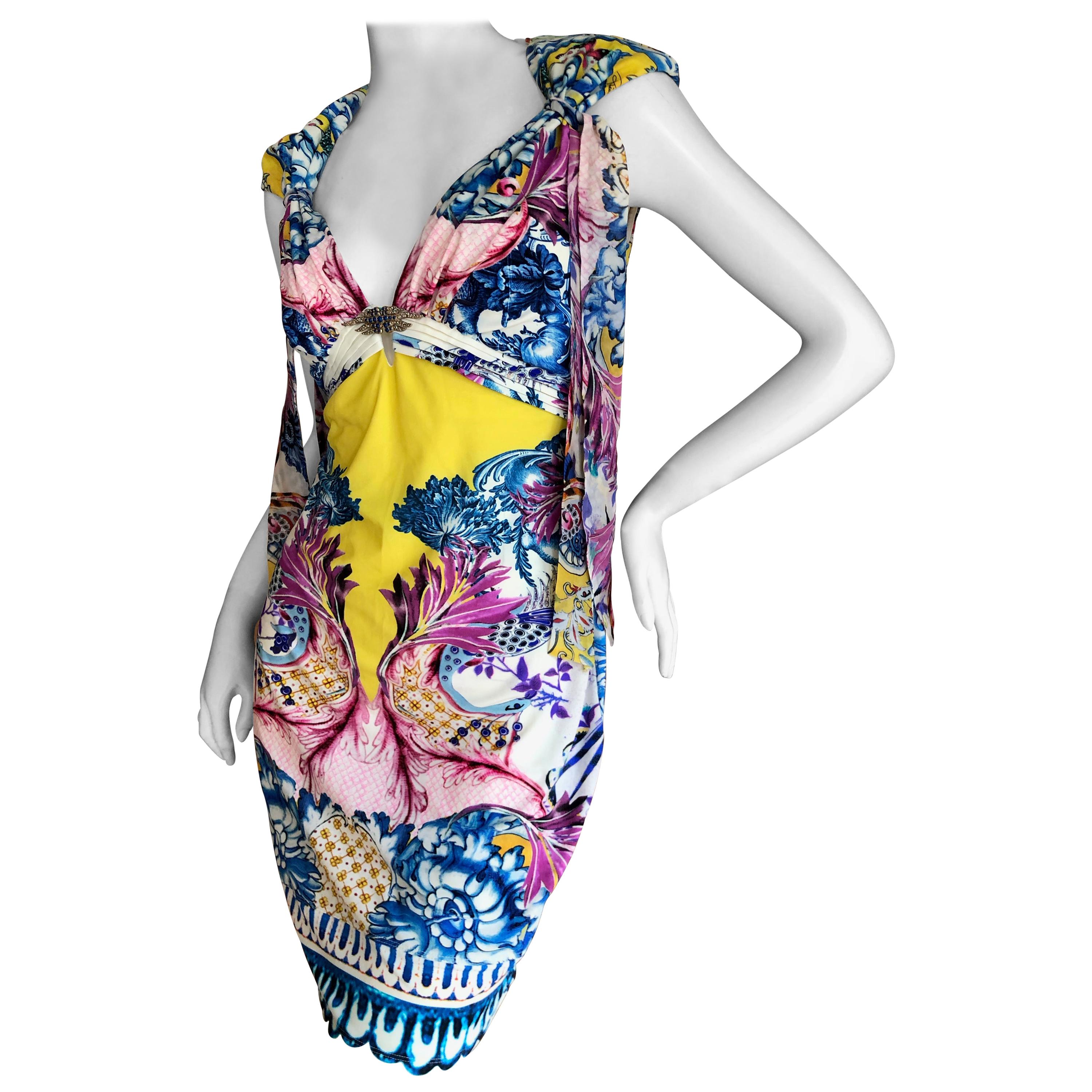 Roberto Cavalli Colorful Delft China Trade Pattern Sleeveless Shift Dress For Sale