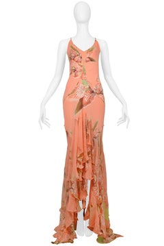 Roberto Cavalli Coral Gown With Floral Print Chiffon Inset & Convertible Train