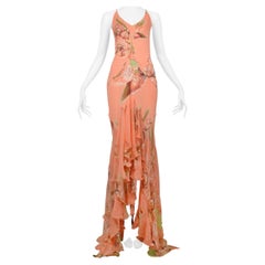 Roberto Cavalli Coral Gown With Floral Print Chiffon Inset & Convertible Train