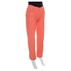 Roberto Cavalli Coral Pink Cotton Denim Logo Print Distressed Jeans L