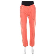 Roberto Cavalli Coral Pink Cotton Denim Logo Print Distressed Jeans L