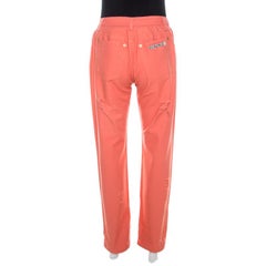Roberto Cavalli Coral Pink Cotton Twill Denim Logo Print Distressed Jeans L