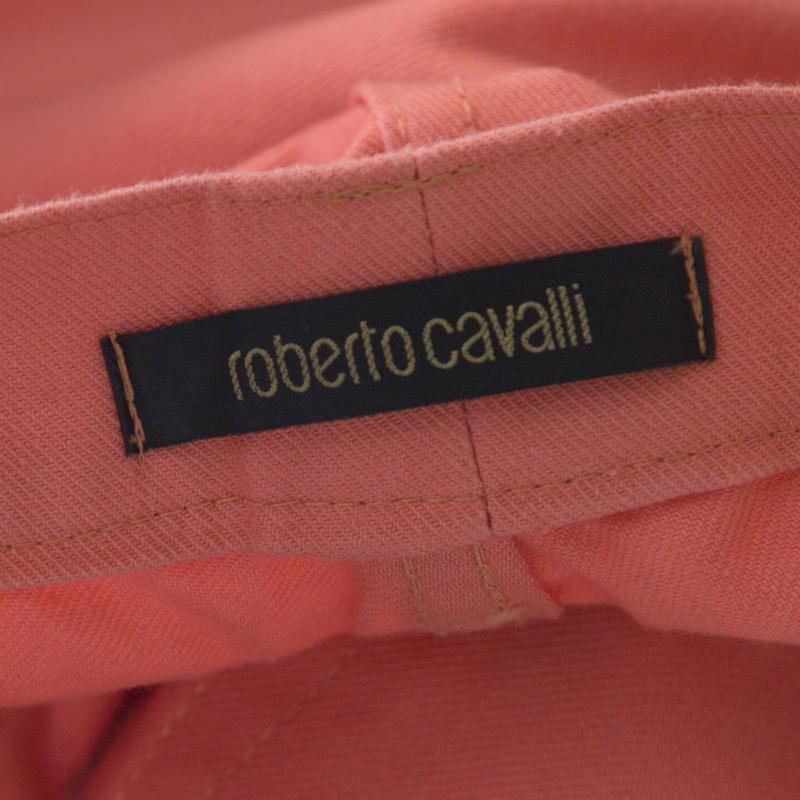Women's Roberto Cavalli Coral Pink Cotton Twill Denim Logo Print Distressed Jeans L For Sale
