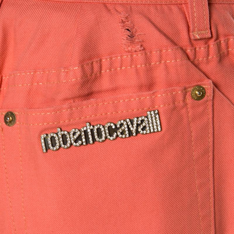 Roberto Cavalli Coral Pink Cotton Twill Denim Logo Print Distressed Jeans L For Sale 1