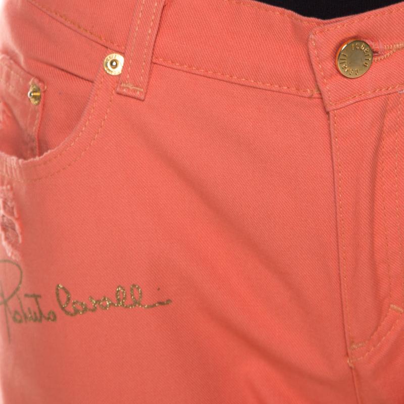 Roberto Cavalli Coral Pink Cotton Twill Denim Logo Print Distressed Jeans L For Sale 2