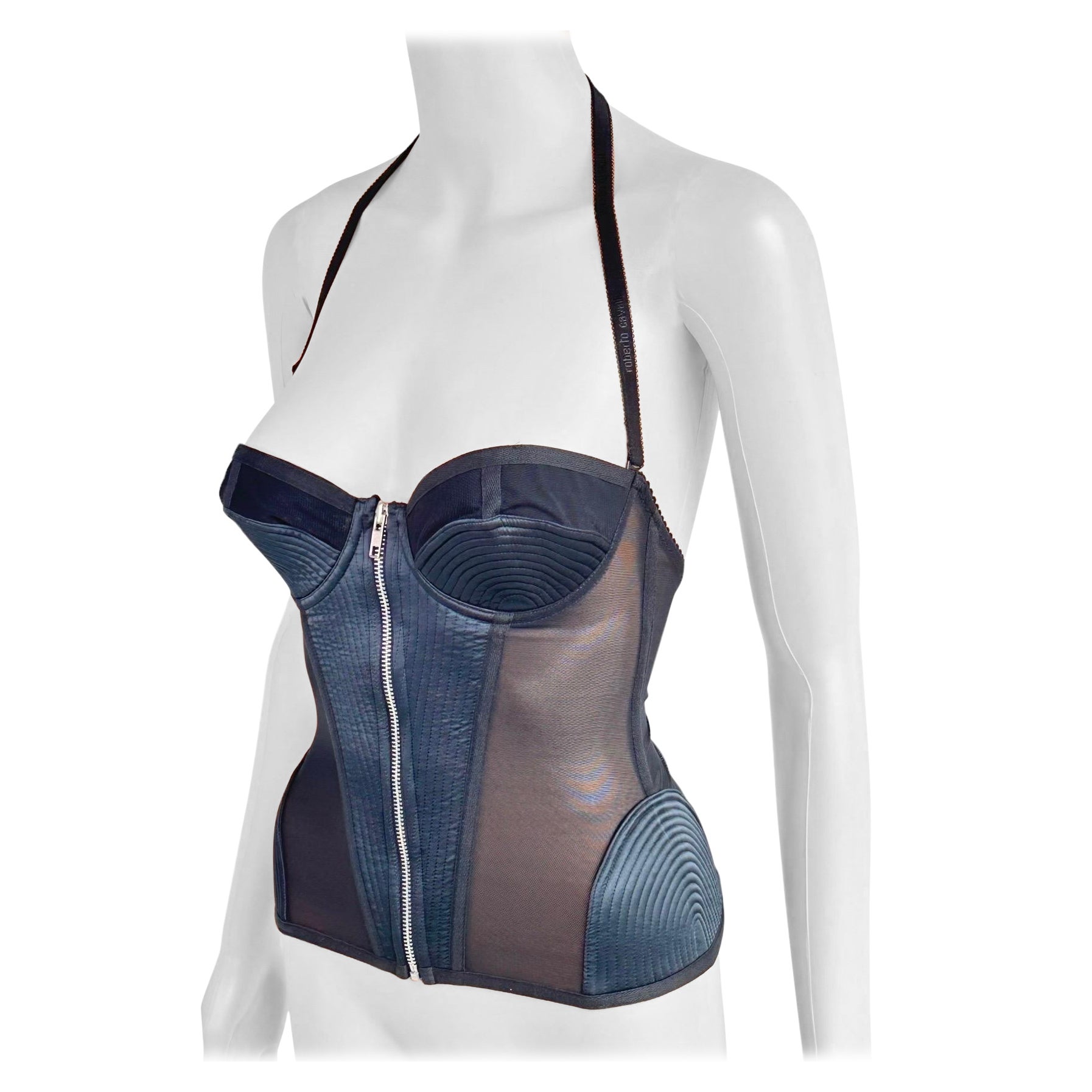 Roberto Cavalli Corset Sheer Panels Zipper Black Crop Top