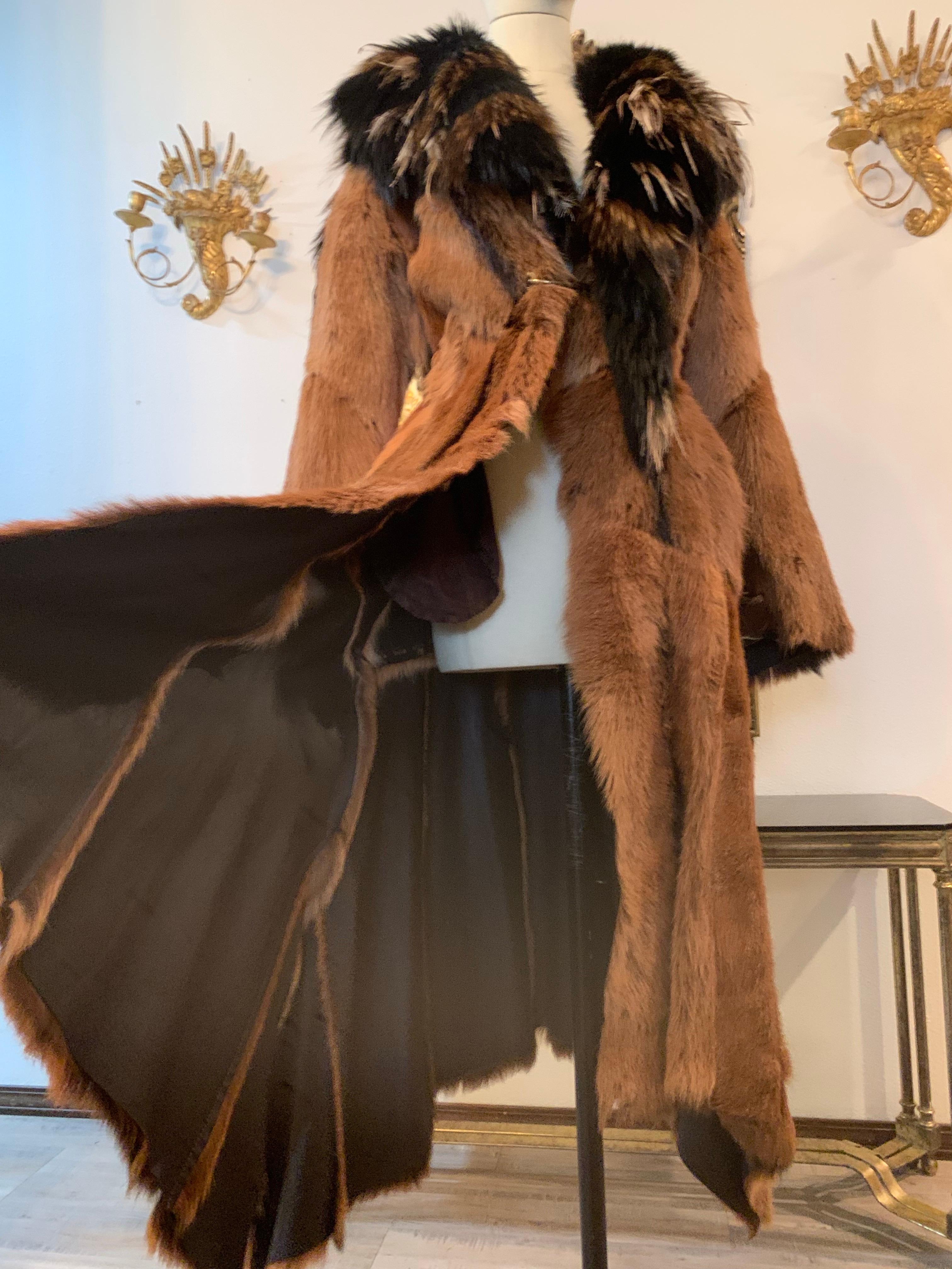 Roberto Cavalli (unmarked) Couture Rock Star Antelope Hide Long Coat w Fox & Ostrich Collar: Custom-made luxurious antelope hide is used for this unlined maxi trench coat with lush calico fox fur collar that is studded with ostrich and feather
