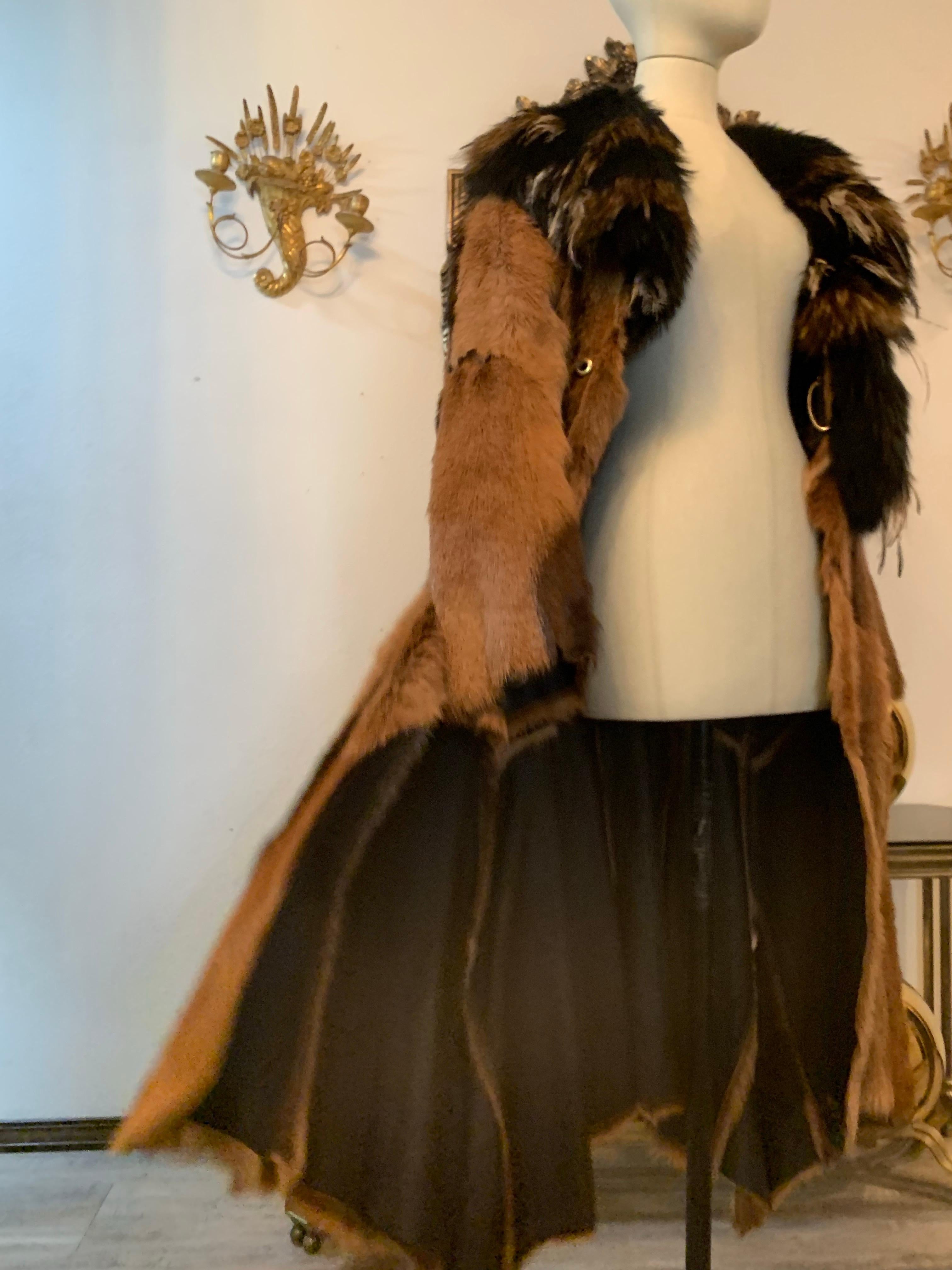 Roberto Cavalli Couture Rock Star Antelope Hide Long Coat w Fox & Ostrich Collar In Excellent Condition For Sale In Gresham, OR