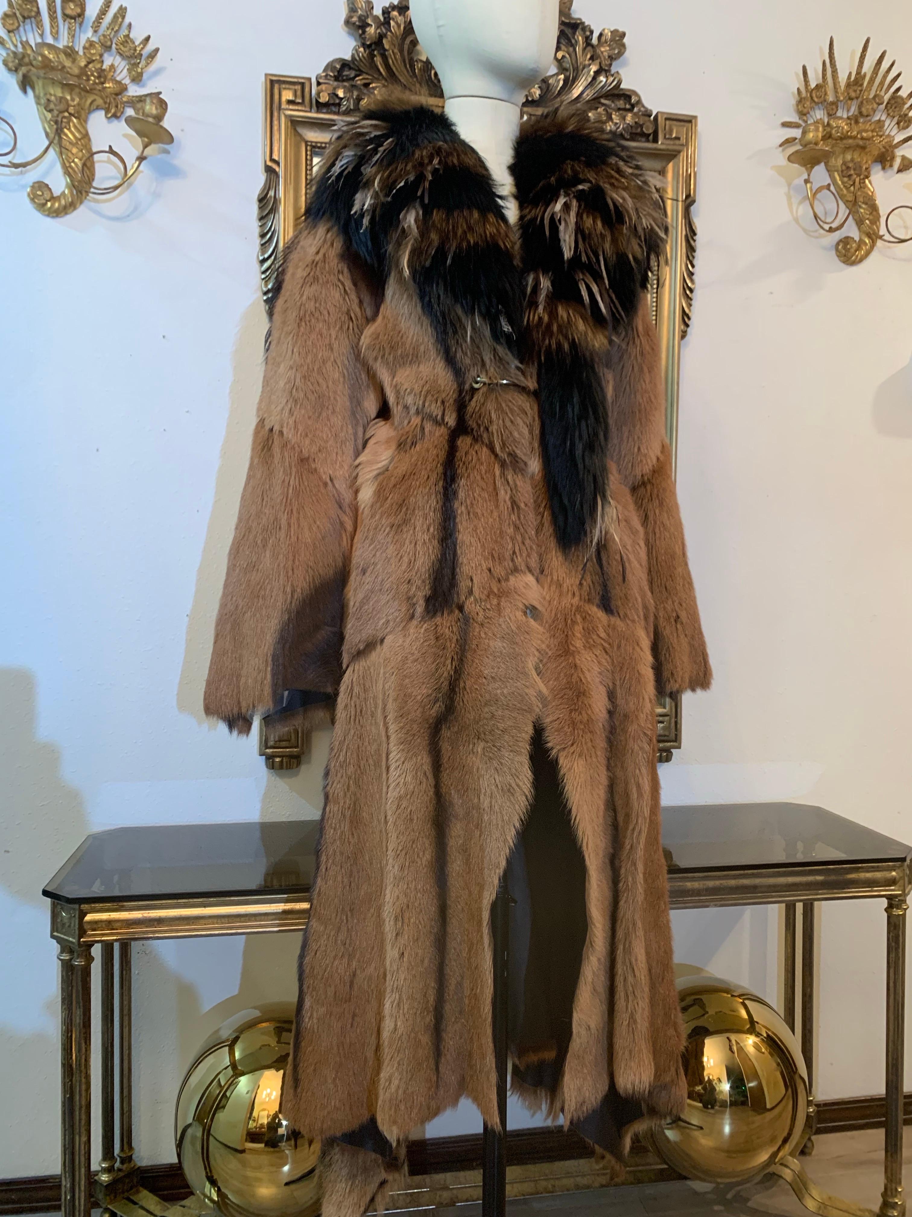 Women's or Men's Roberto Cavalli Couture Rock Star Antelope Hide Long Coat w Fox & Ostrich Collar For Sale