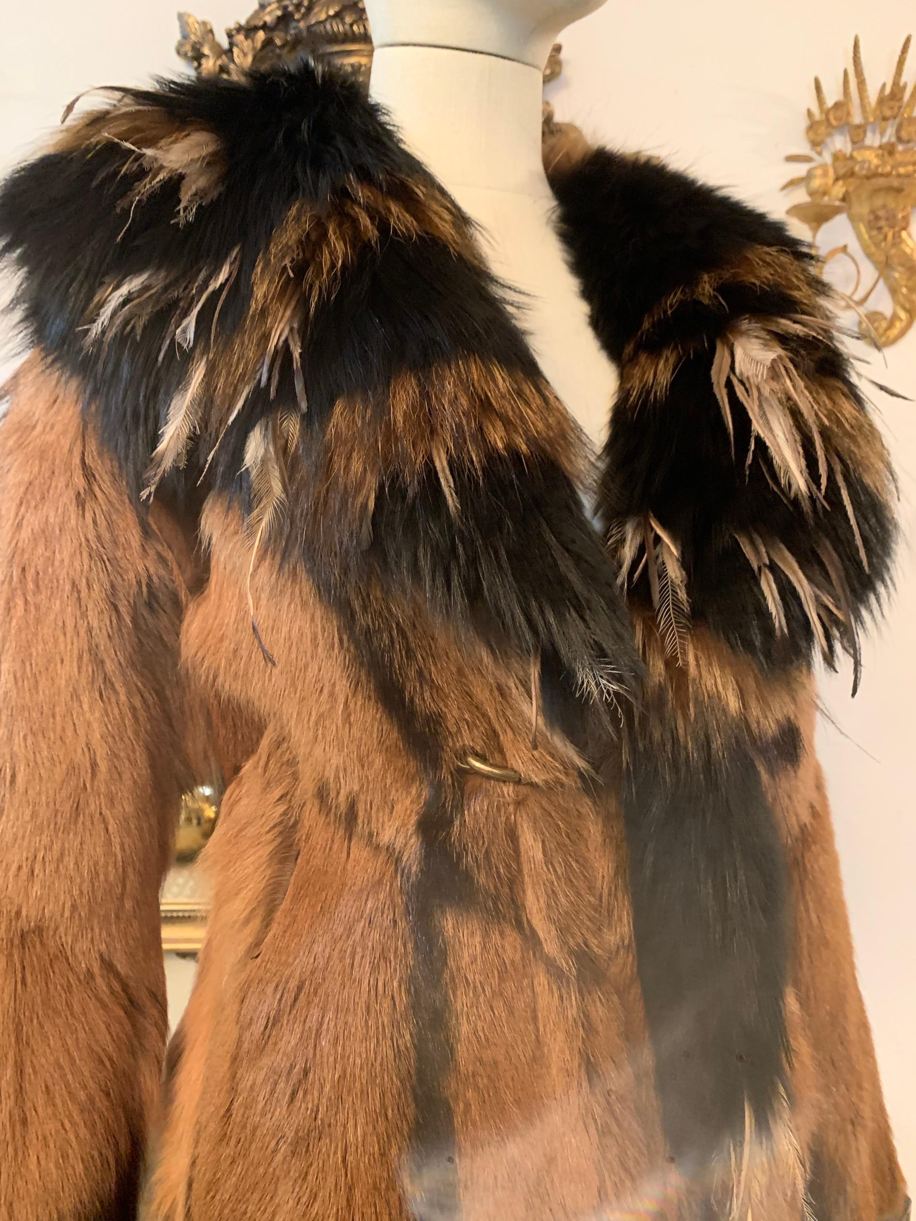 Roberto Cavalli Couture Rock Star Antelope Hide Long Coat w Fox & Ostrich Collar For Sale 4