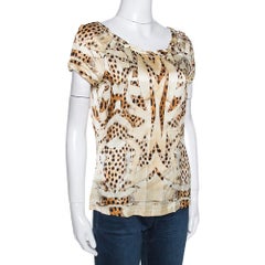 Roberto Cavalli Cream and Beige Silk Leopard Print Short Sleeve Top S