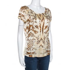 Roberto Cavalli Cream and Beige Silk Leopard Print Short Sleeve Top S