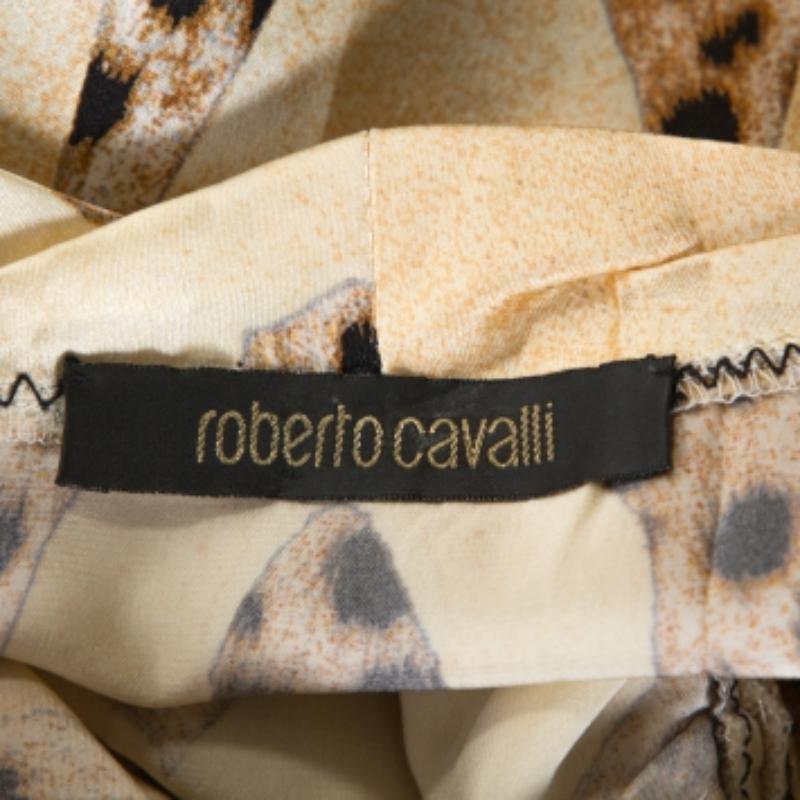 De las mujeres Roberto Cavalli Crema y Beige Seda Estampado Leopardo Top Manga Corta S en venta