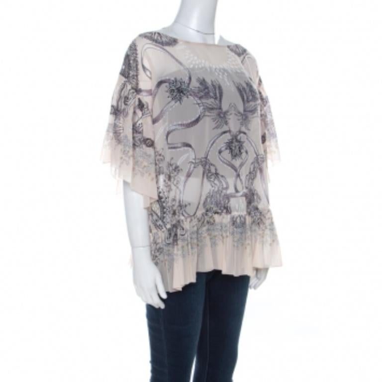 Roberto Cavalli Top imprimé botanique en mousseline de soie crème et Brown M en vente 1