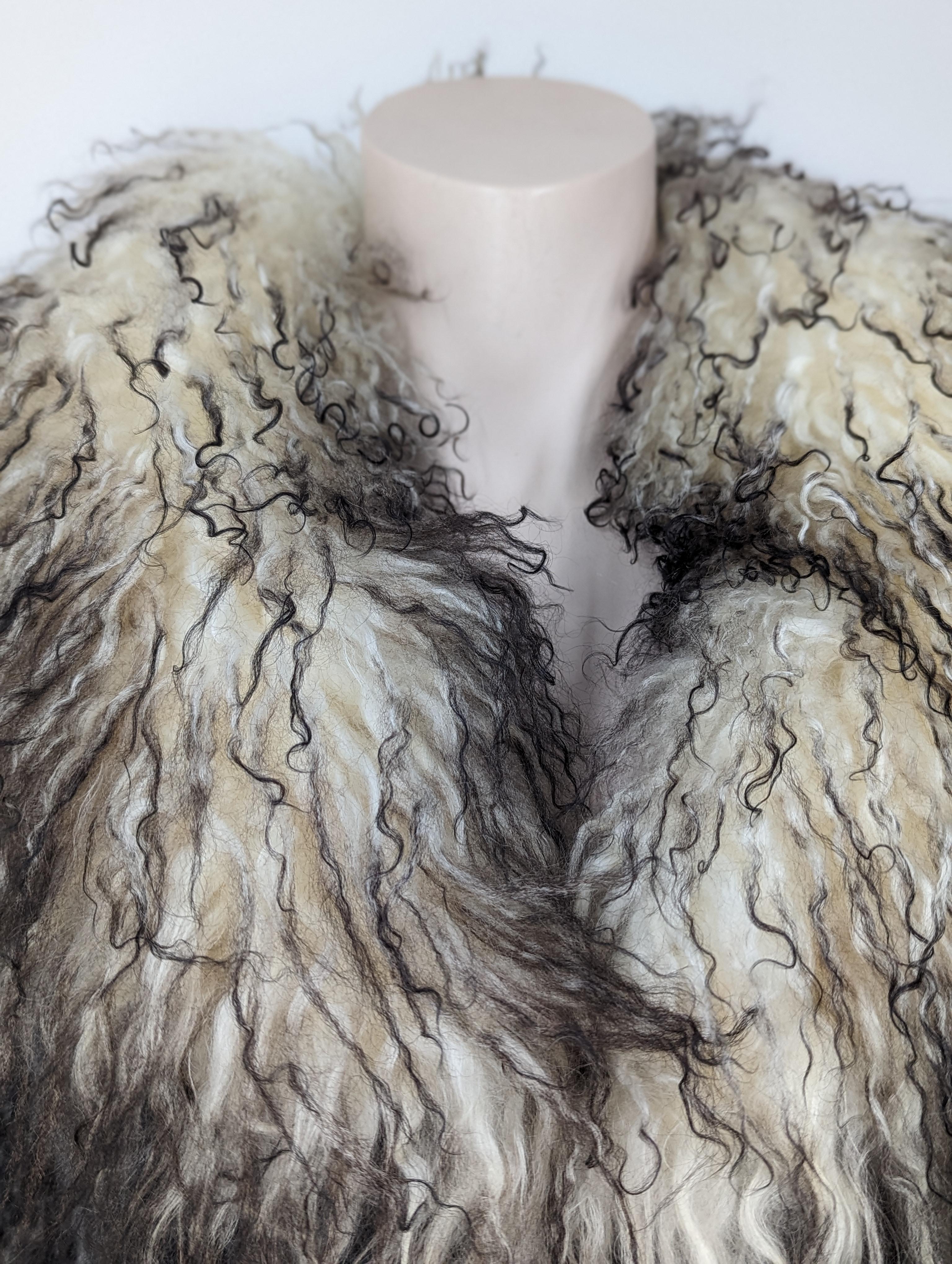 Roberto Cavalli cream and grey mohair cardigan with Mongolian fur collar For Sale 6