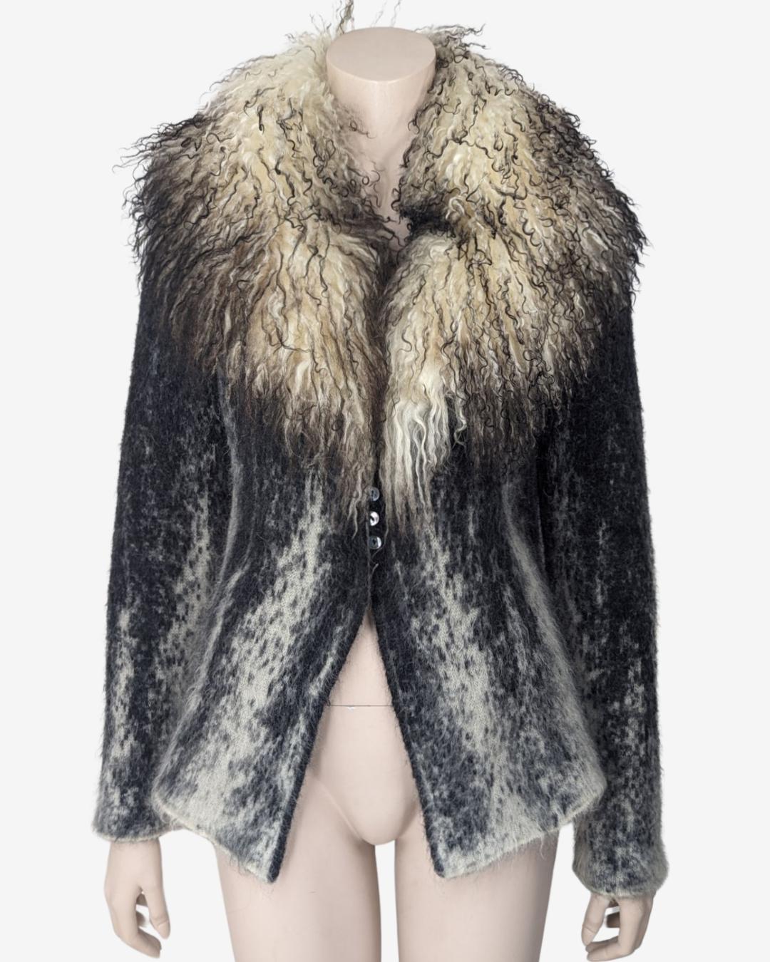 Women's Roberto Cavalli cream and grey mohair cardigan with Mongolian fur collar For Sale