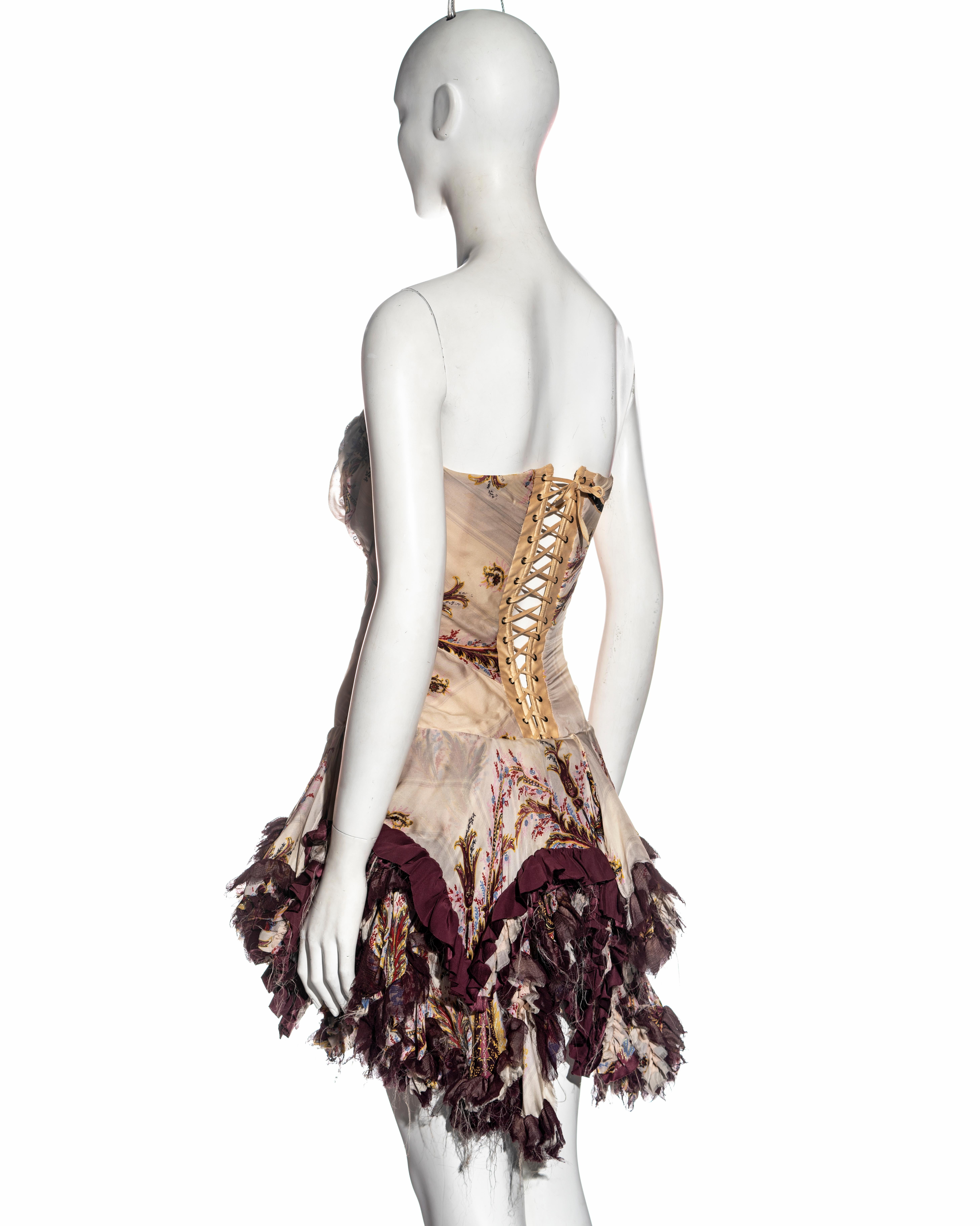 White Roberto Cavalli cream and purple brocade-print silk corset mini dress, fw 2004 For Sale
