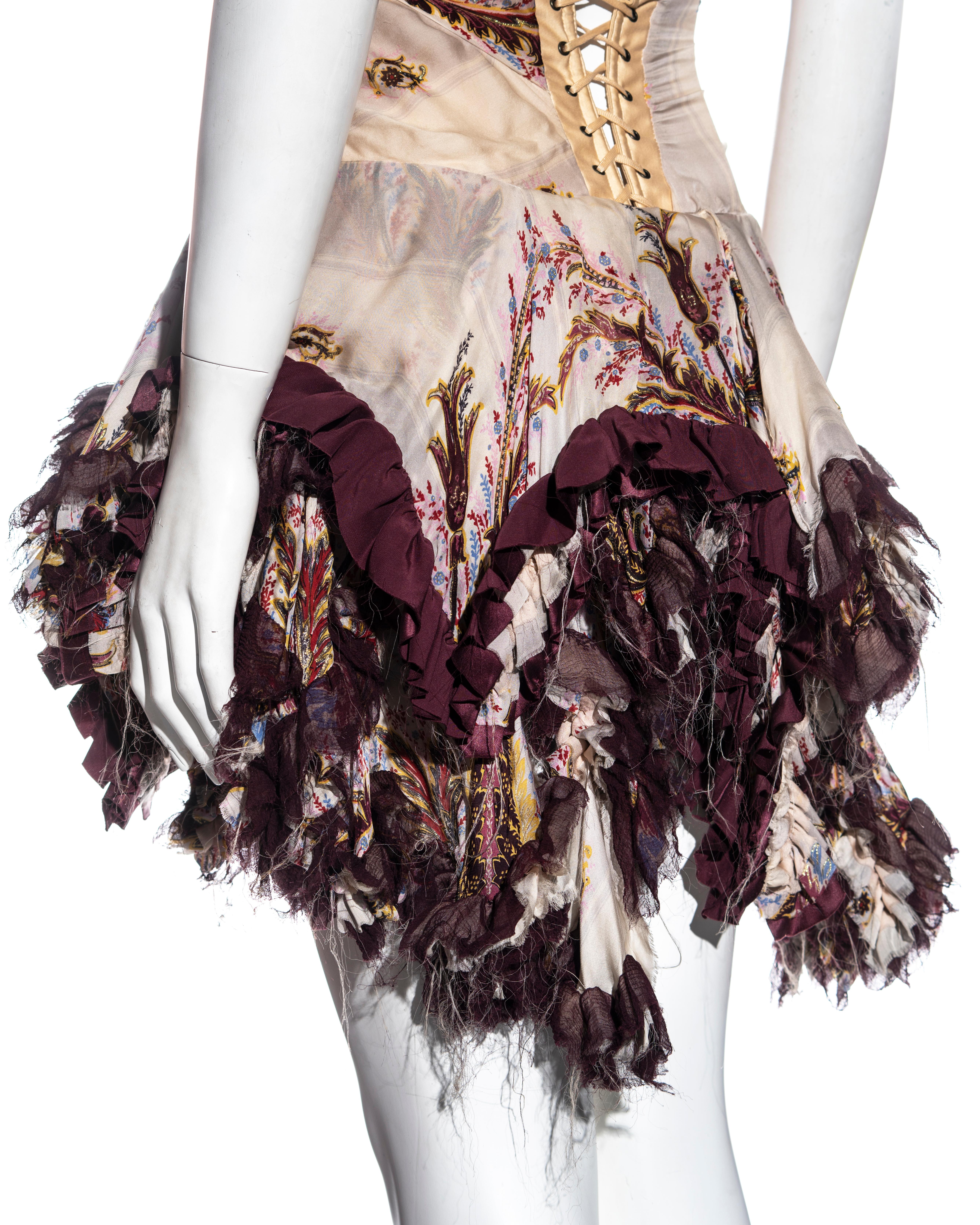 Roberto Cavalli cream and purple brocade-print silk corset mini dress, fw 2004 In Excellent Condition For Sale In London, GB