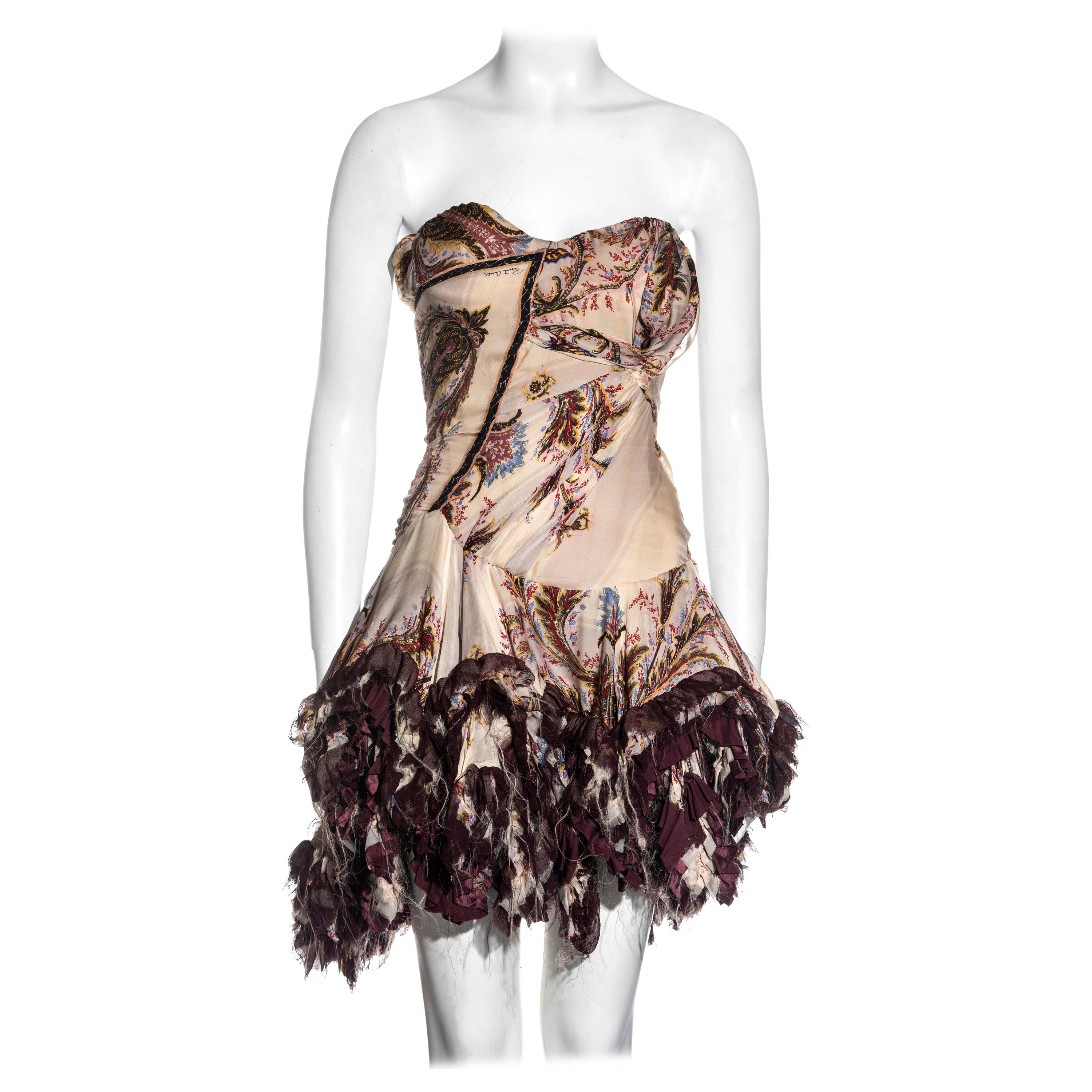 Roberto Cavalli cream and purple brocade-print silk corset mini dress, fw 2004