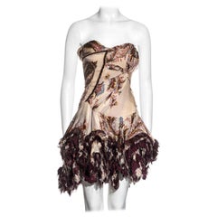 Roberto Cavalli cream and purple brocade-print silk corset mini dress, fw 2004