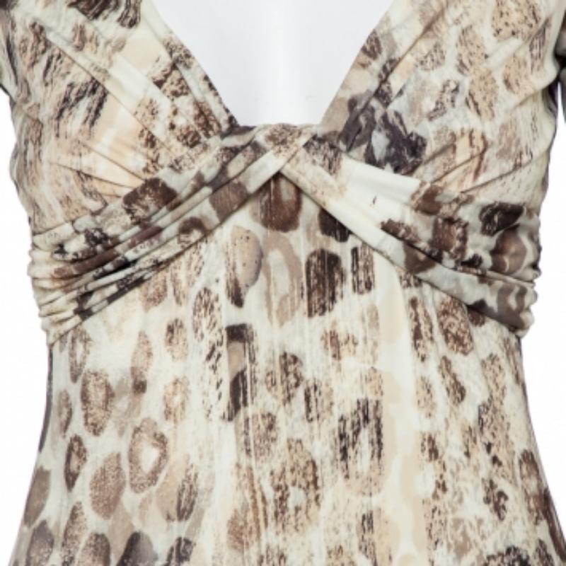 Brown Roberto Cavalli Cream Animal Printed Knit Drape Detail Tunic M For Sale