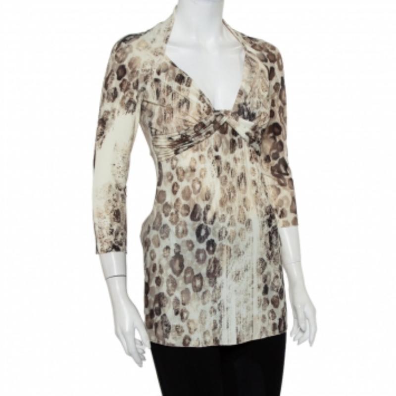 Roberto Cavalli Cream Animal Printed Knit Drape Detail Tunic M In Fair Condition For Sale In Dubai, Al Qouz 2