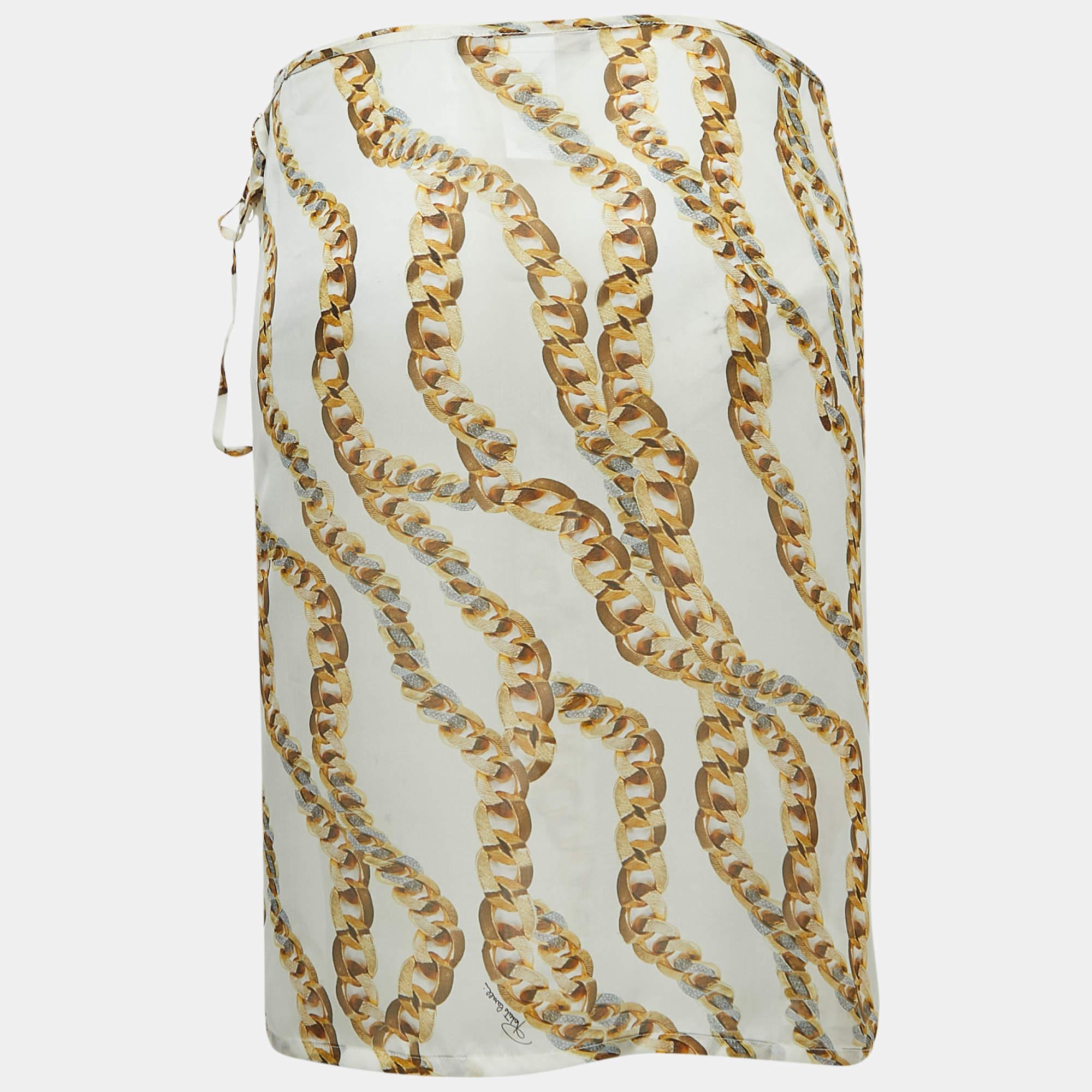 Beige Roberto Cavalli - Mini gonna a portafoglio in seta con stampa a catena - M. I. in vendita