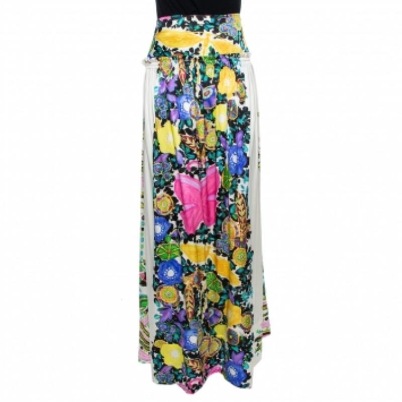 Gray Roberto Cavalli Cream Flora & Fauna Print Satin Silk Maxi Skirt L For Sale