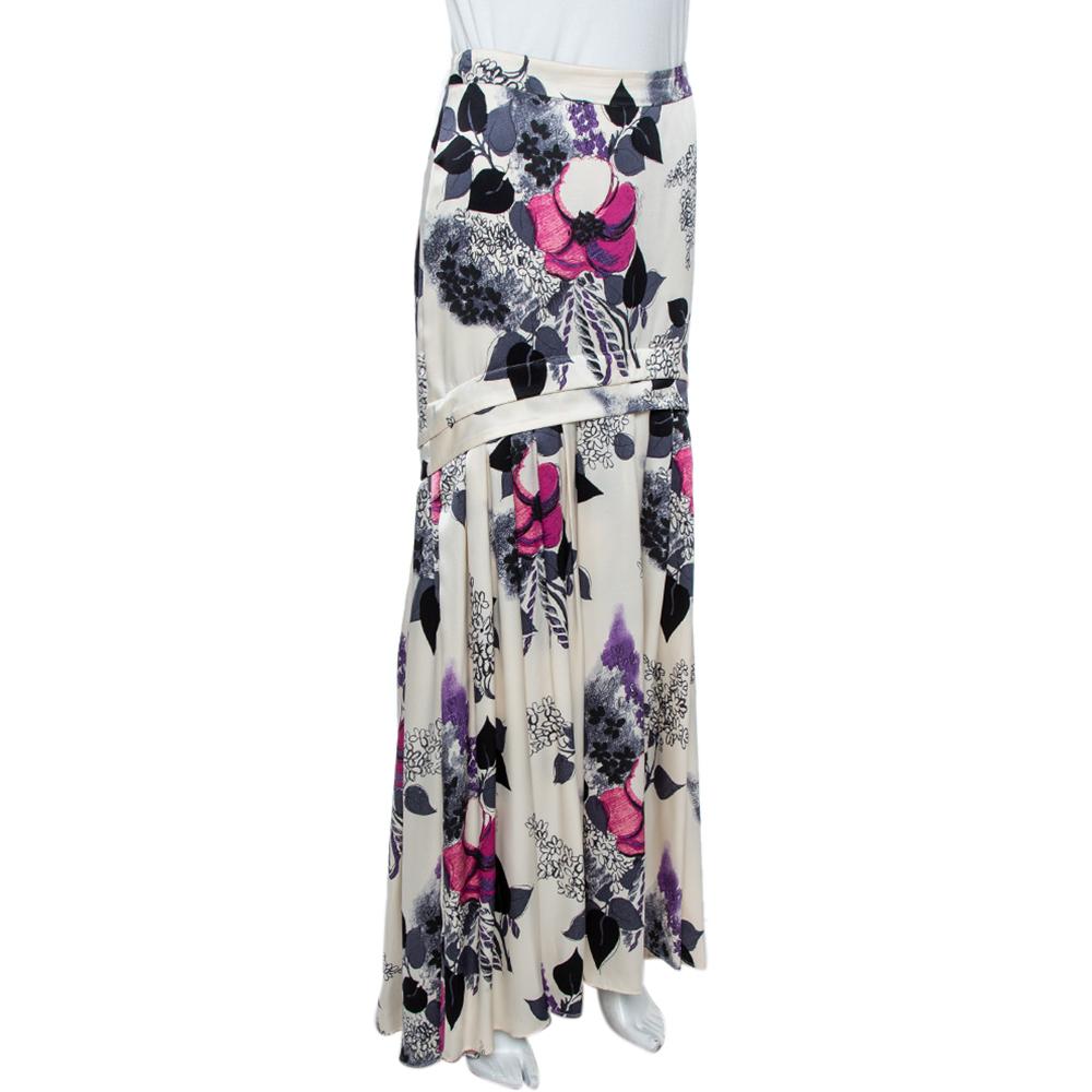 Roberto Cavalli Cream Floral Print Silk Satin Maxi Skirt S For Sale at ...