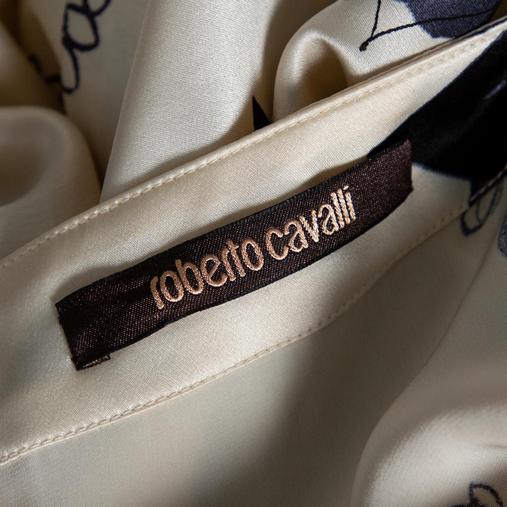 Gray Roberto Cavalli Cream Floral Print Silk Satin Maxi Skirt S For Sale