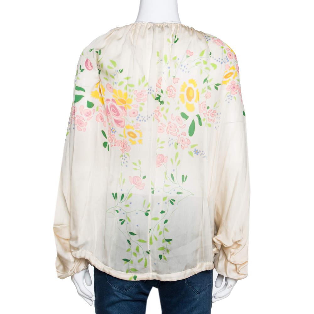 Beige Roberto Cavalli Cream Floral Print Silk Sheer Kaftan Top M