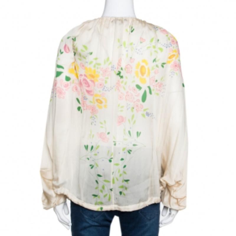 Beige Roberto Cavalli haut caftan transparent en soie à imprimé floral crème, taille M en vente