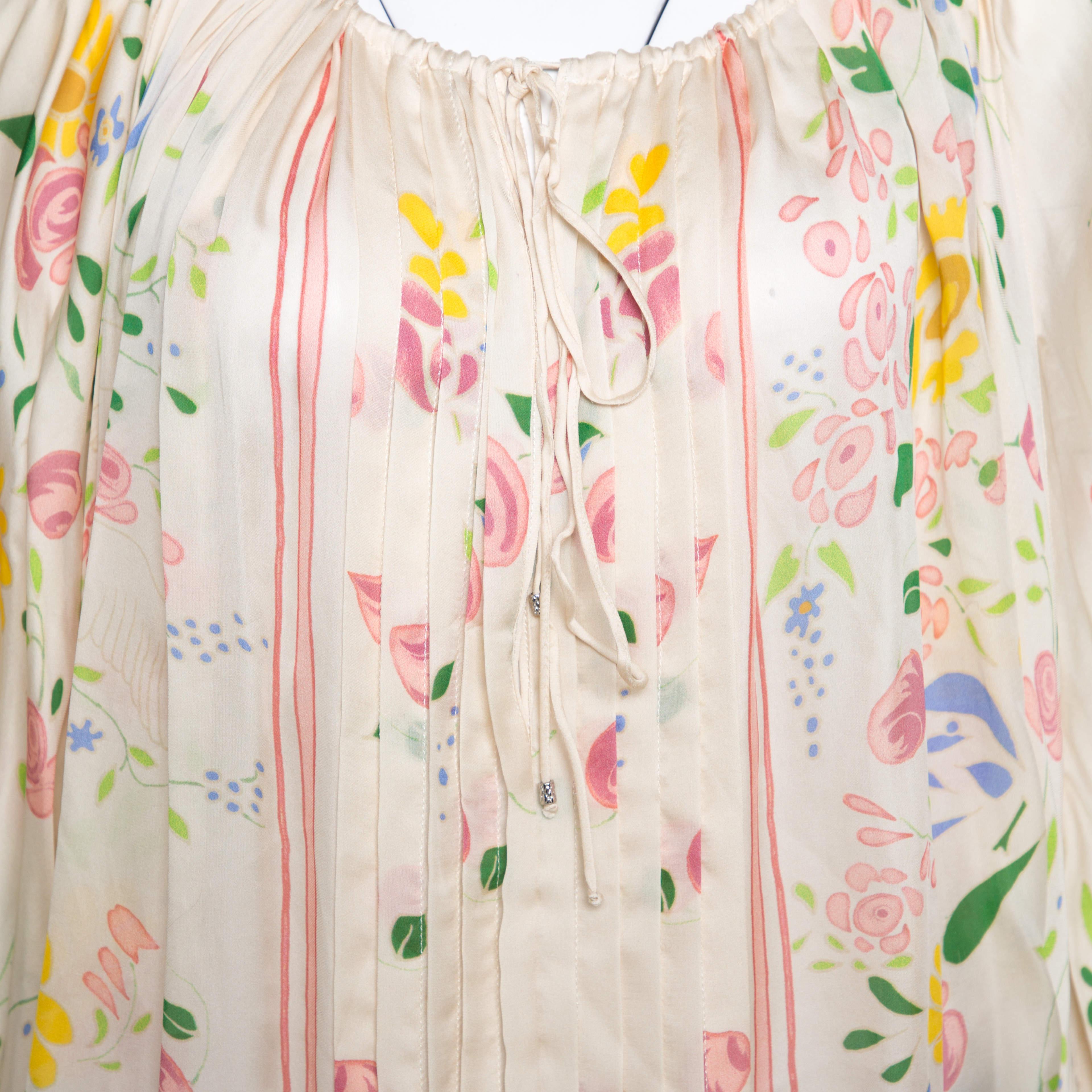Roberto Cavalli Cream Floral Print Silk Sheer Kaftan Top M In Fair Condition In Dubai, Al Qouz 2