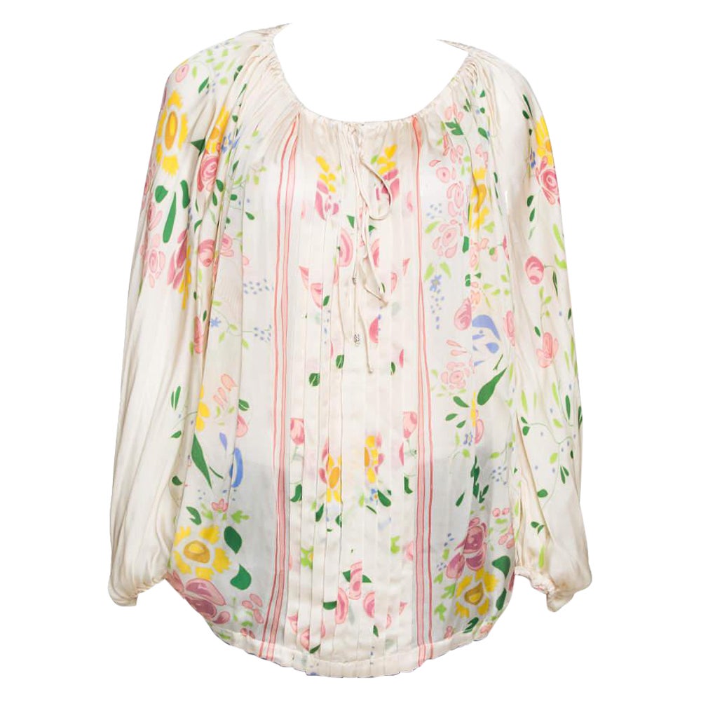 Roberto Cavalli Cream Floral Print Silk Sheer Kaftan Top M