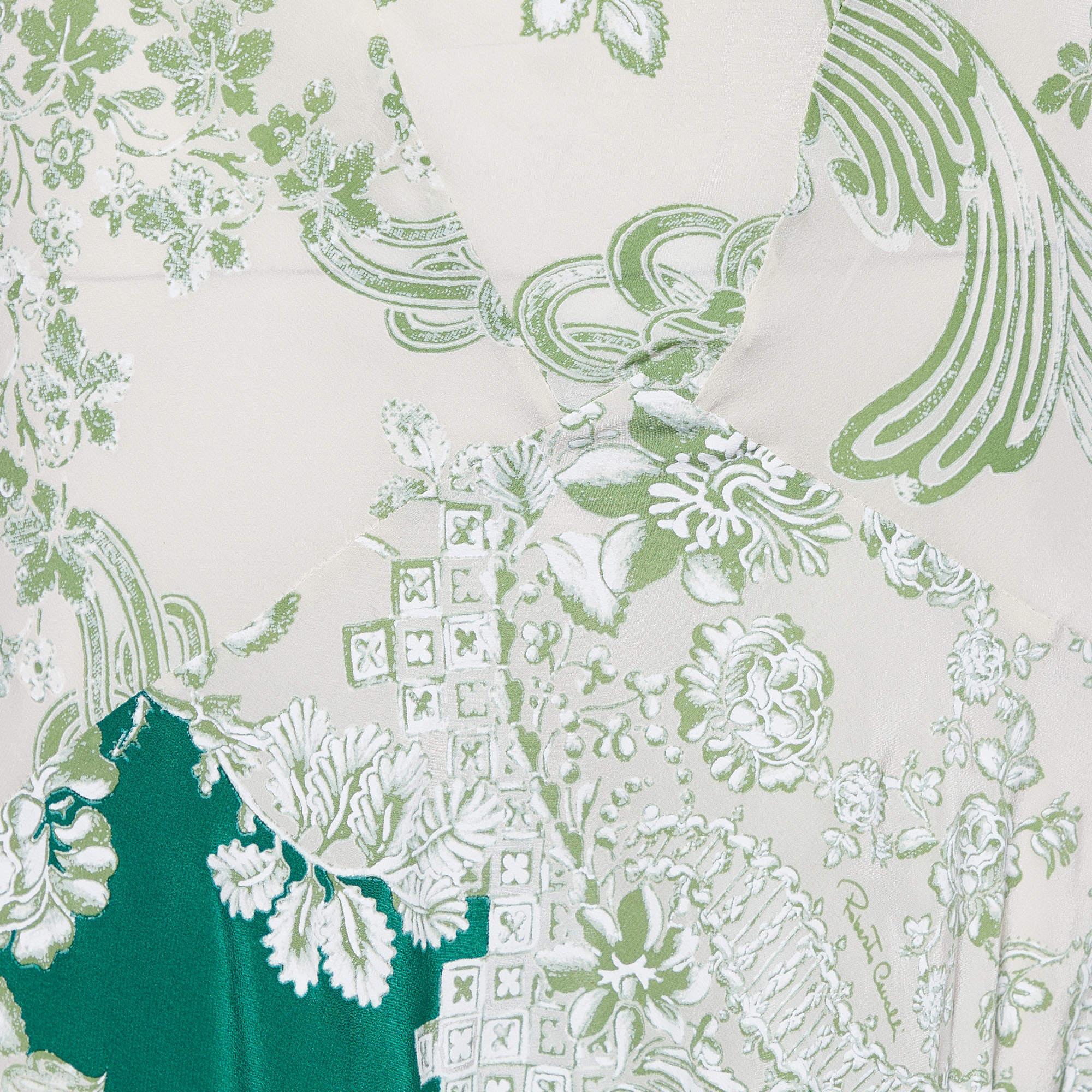 White Roberto Cavalli Cream & Green Floral Print Silk Maxi Skirt M