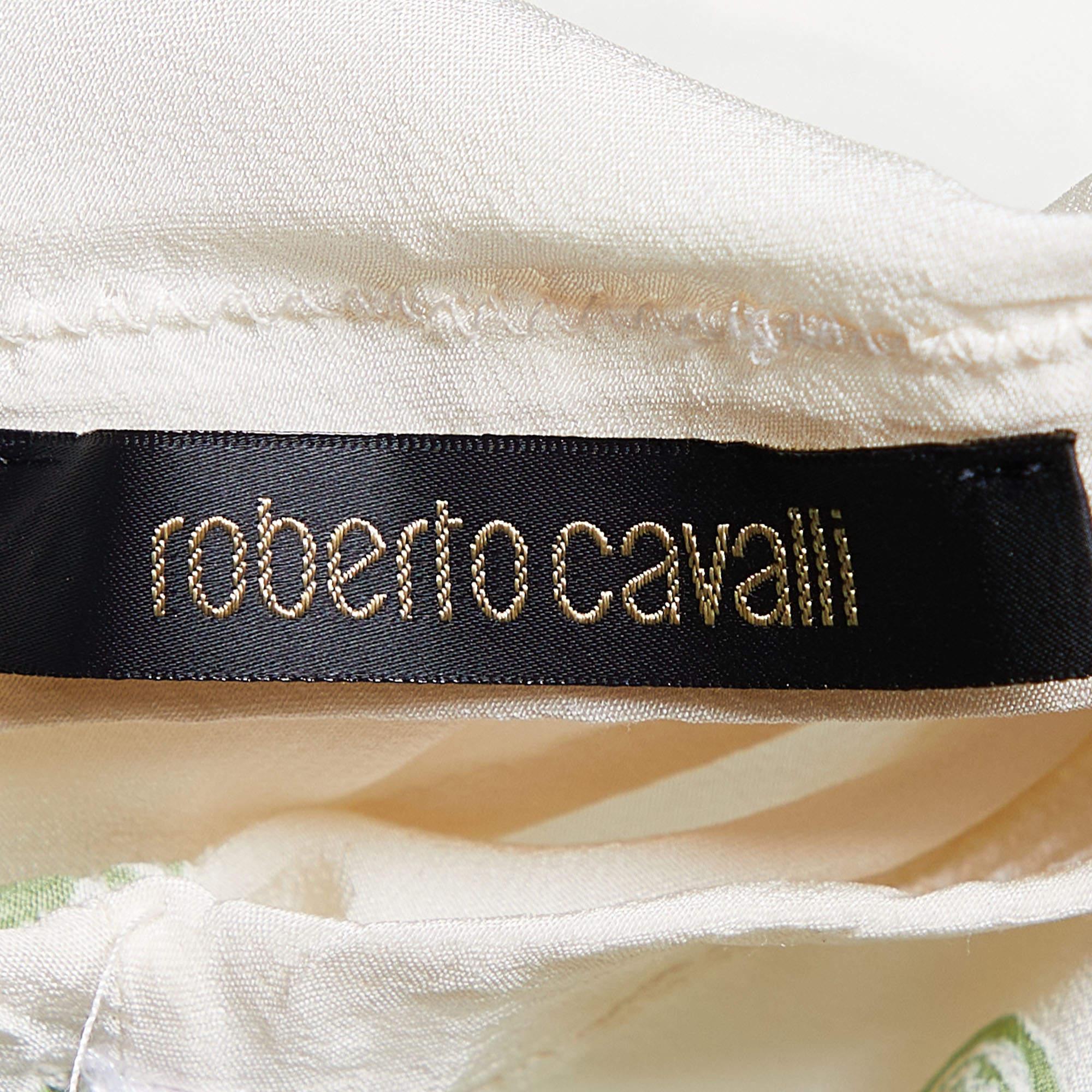 Roberto Cavalli Cream & Green Floral Print Silk Maxi Skirt M In Good Condition In Dubai, Al Qouz 2
