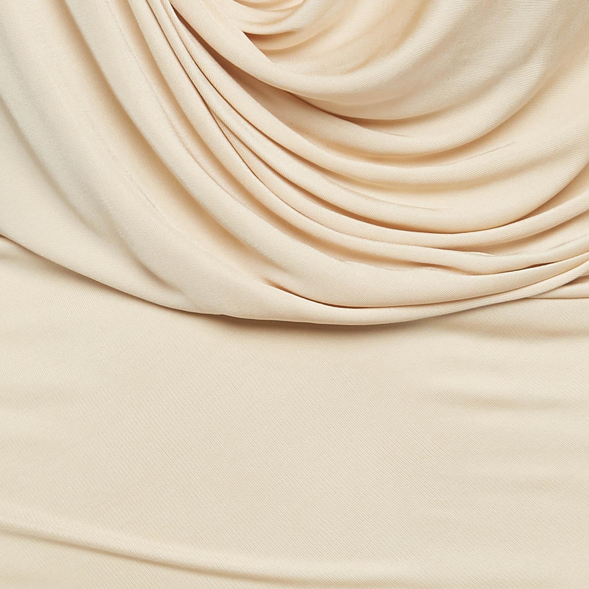 Beige Roberto Cavalli Cream Jersey Ruche Tie-Up Midi Dress M For Sale