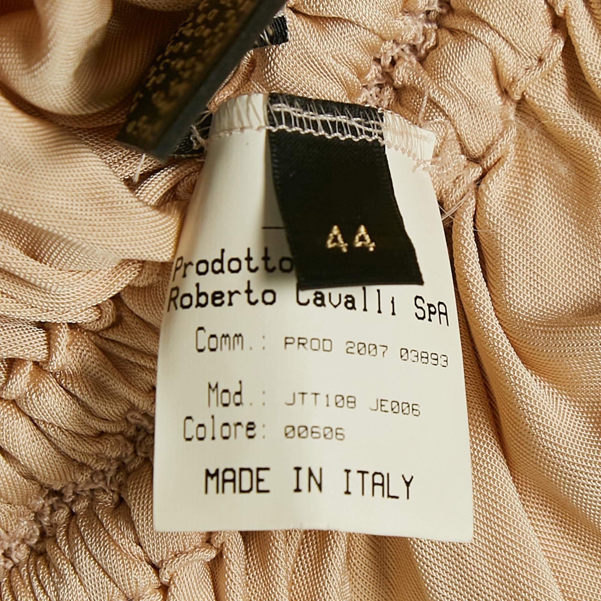 Women's Roberto Cavalli Cream Jersey Ruche Tie-Up Midi Dress M For Sale