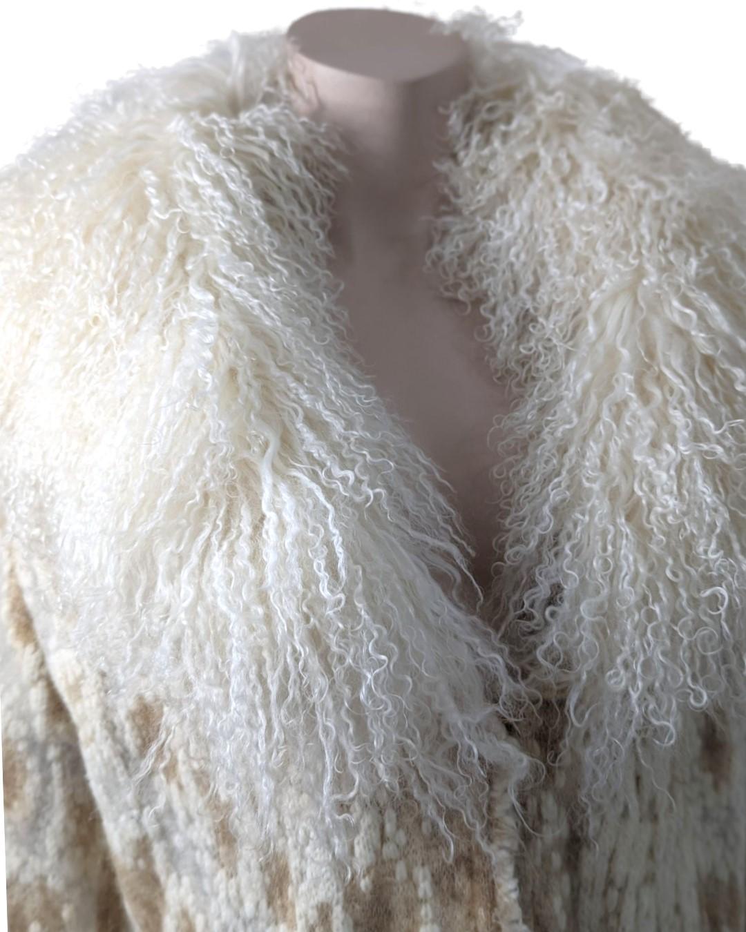 Roberto Cavalli Cream Knit Coat with Mongolian Fur Collar 5