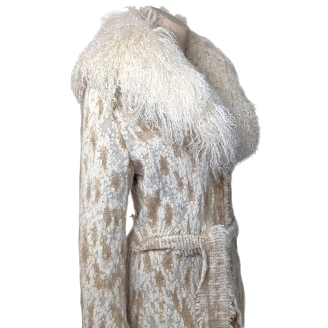 Roberto Cavalli Cream Knit Coat with Mongolian Fur Collar 3