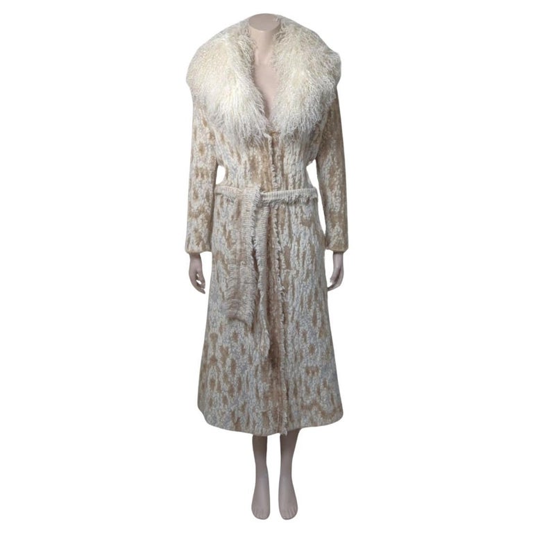 Roberto Cavalli Cream Knit Coat with Mongolian Fur Collar at 1stDibs