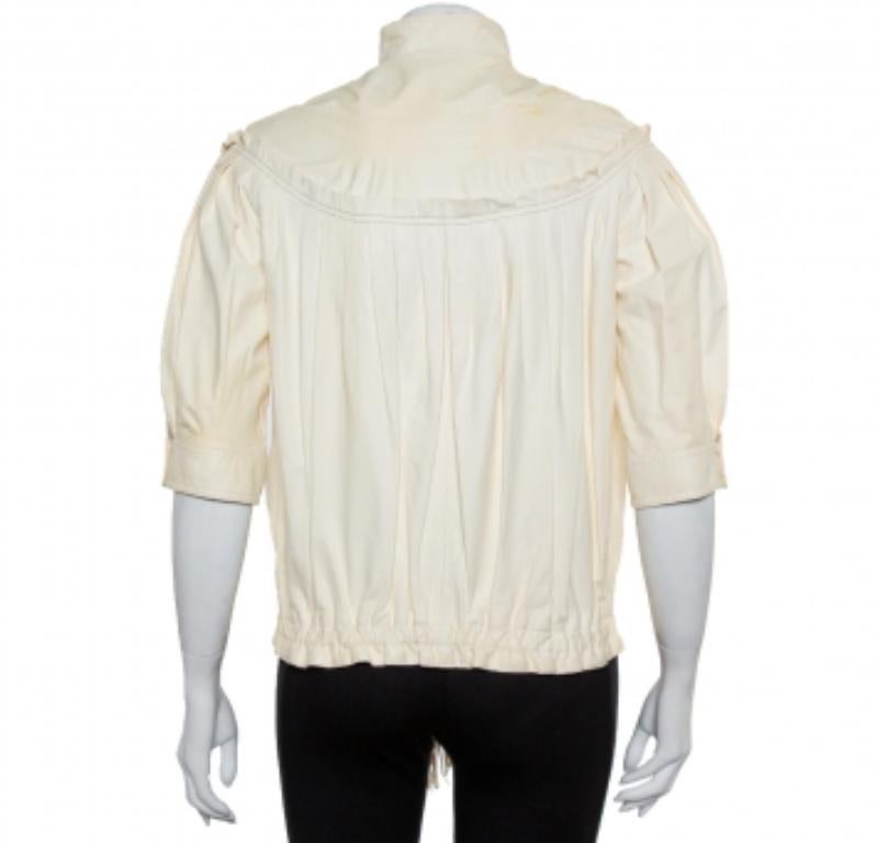 Beige Roberto Cavalli Cream Leather Pleated Detail Zipper Front Jacket S For Sale