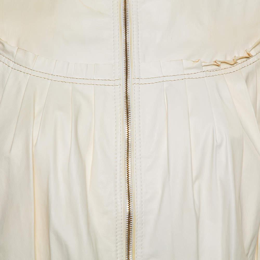 Roberto Cavalli Cream Leather Pleated Detail Zipper Front Jacket S In Excellent Condition In Dubai, Al Qouz 2