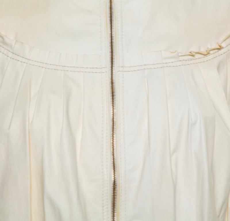 Roberto Cavalli Cream Leather Pleated Detail Zipper Front Jacket S In Fair Condition For Sale In Dubai, Al Qouz 2