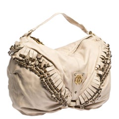 Roberto Cavalli Cream Leather Studded Fringe Hobo