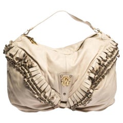 Roberto Cavalli Cream Leather Studded Fringe Hobo