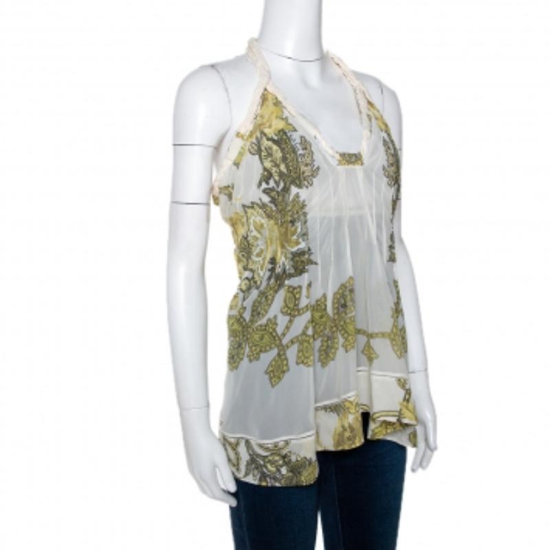 Roberto Cavalli Top sin mangas de seda estampado crema S Gris en venta