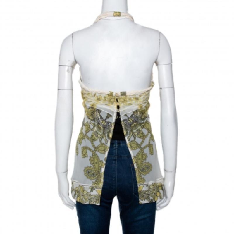 Roberto Cavalli Top sin mangas de seda estampado crema S en venta 2