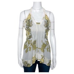 Roberto Cavalli Cream Printed Silk Sheer Halter Top S
