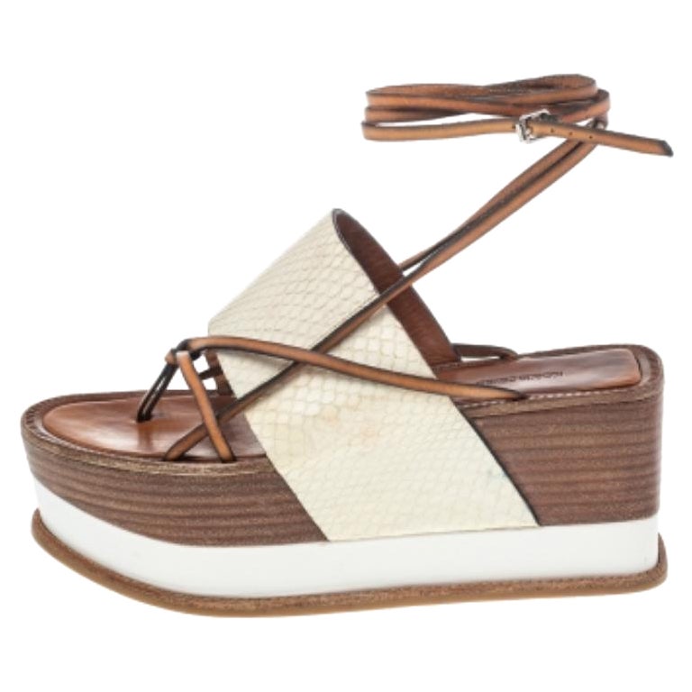 Roberto Cavalli Cream Python Wedge Platform Ankle Wrap Sandals Size 38.5